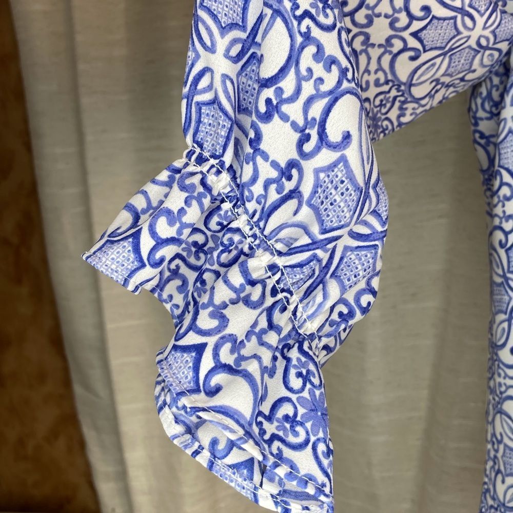 Talbots Top Blouse Blue Mosaic Print Blouse Top - Picture 6 of 9